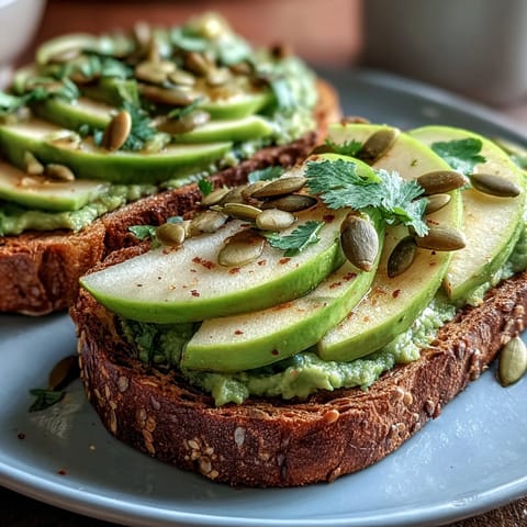 2. Creamy mashed avocado spread on toasted whole grain bread with crisp green apple slices and nutty pumpkin seeds for added crunch.