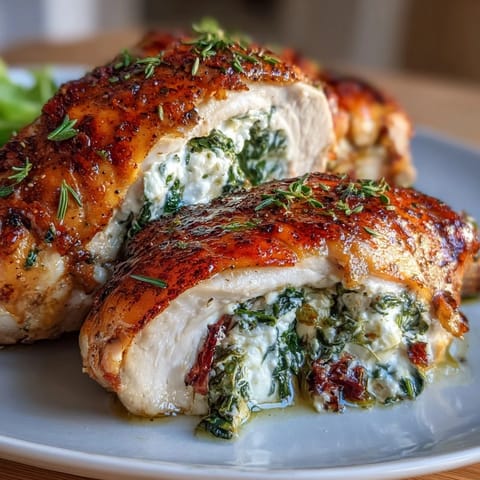 Pollo relleno de espinacas y queso feta con una mezcla cremosa de hierbas, horneado hasta dorar.