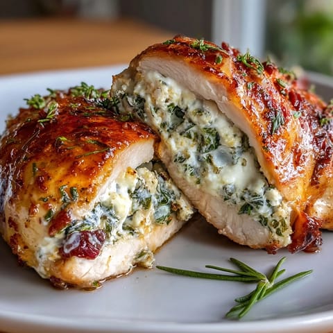 Pechugas de pollo jugosas rellenas de espinacas frescas, queso feta y tomates secos al horno.