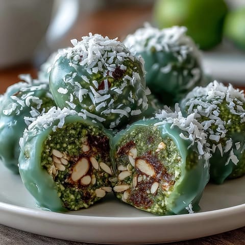 1. Vibrant green matcha coconut energy balls with oats, rolled in shredded coconut for a tropical, energizing snack.  
