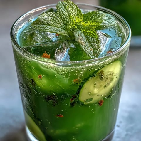 Jugo detox de pepino, manzana y jengibre en vaso con hielo y hojas de menta fresca.  