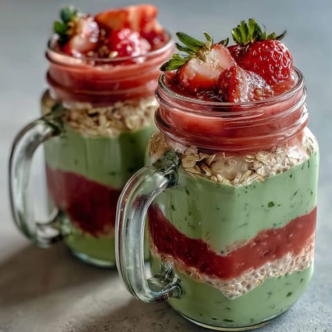 Un frasco de cristal con avena de matcha y fresa, cubierto con fresas frescas y semillas de chía para un desayuno colorido y saludable.