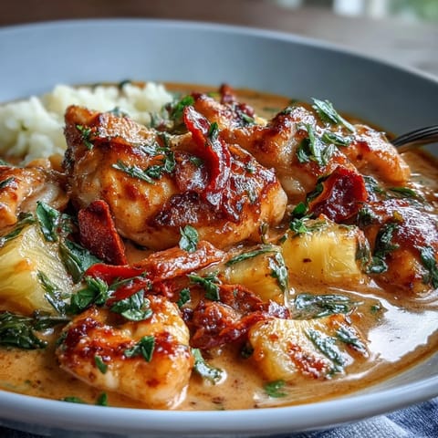 Un cuenco de curry de pollo, piña y coco en una olla, con pollo tierno, piña dulce y salsa cremosa de coco, servido con arroz jazmín y cilantro fresco.  