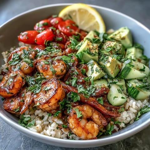Deliciosos camarones salteados con limón y ajo, servidos sobre arroz integral y vegetales crujientes en un tazón saludable y colorido.  