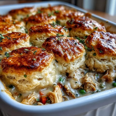 Un pastel de pollo cremoso y reconfortante con verduras frescas y una capa dorada de galletas caseras.  