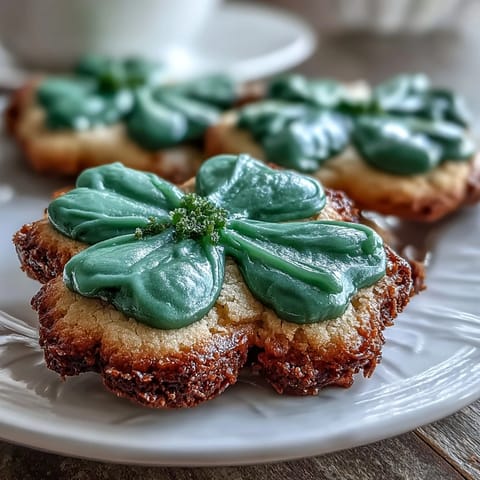 Galletas de azúcar en forma de trébol con glaseado real, decoradas con colores festivos para celebrar el Día de San Patricio.