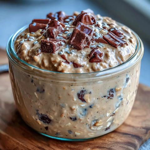 Tarro de avena nocturna cremosa con proteína, mantequilla de almendras y un toque de vainilla.
