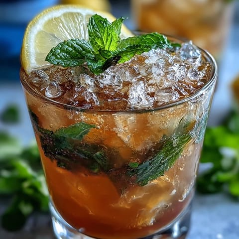 Mini julepes de menta sin alcohol para el Derby de Kentucky, con menta fresca, limón y ginger ale en vasos pequeños decorados con ramitas de menta.  