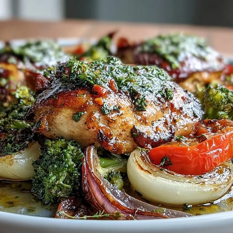 Pollo y verduras saludables en bandeja con cinco ingredientes, asados a la perfección con colores vibrantes y aromas irresistibles.