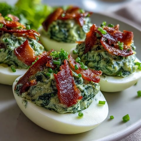 1. Vibrant green spinach deviled eggs with crispy ham topping, a playful twist on a classic appetizer.  
