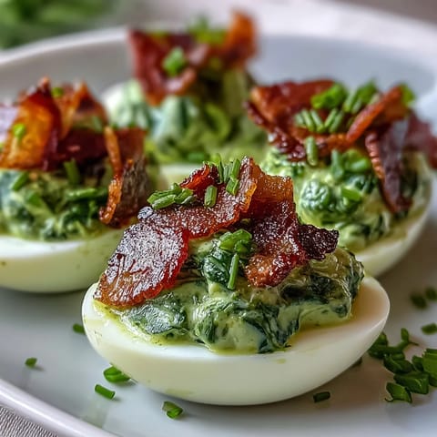 2. Colorful deviled eggs filled with creamy spinach and herbs, garnished with savory, crunchy ham bits.  