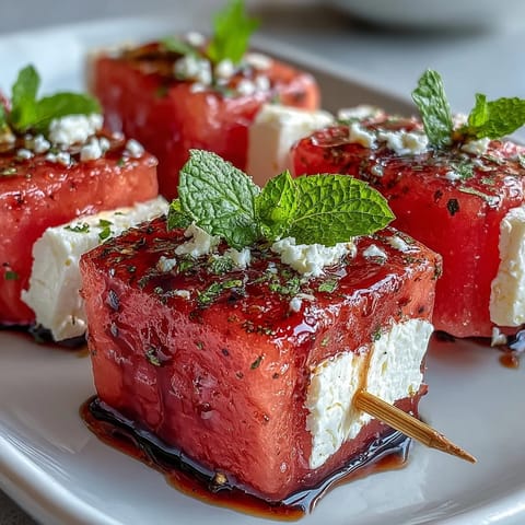 Brochetas de sandía y queso feta con menta, un aperitivo veraniego fresco y vibrante con trozos jugosos y queso cremoso.  