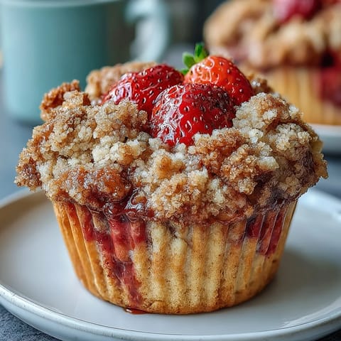 Muffins de fresa con cobertura crujiente dorada, listos para servir en una bandeja de metal con papel pergamino.