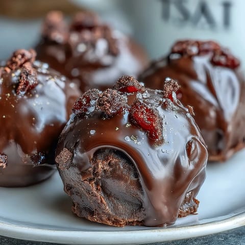Truffas de chocolate con fresa y polvo de oro comestible, inspiradas en la opulencia de Dubái, decoradas con polvo dorado brillante.