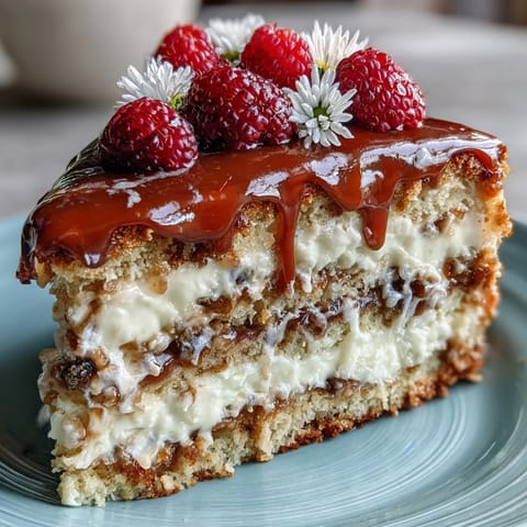 Pastel de hoja de cumpleaños de primavera con relleno de crema de limón, cubierto con bayas frescas y flores comestibles.  