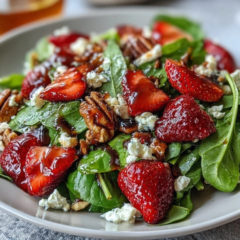 Ensalada de Fresa y Rúcula con Glaseado Balsámico para Cena Primaveral, con fresas frescas, rúcula picante y queso de cabra cremoso.