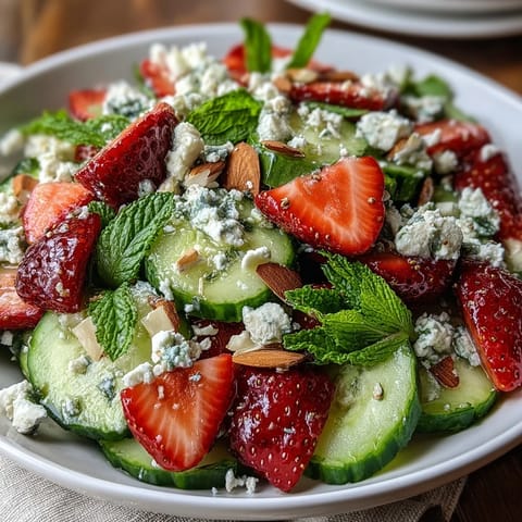 Ensalada de pepino y fresas con menta fresca, crujiente y colorida, perfecta para primavera.