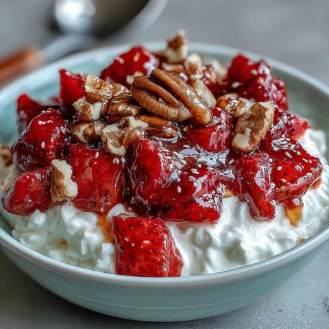 Yogur griego cremoso con compota de fresa fresca, nueces crocantes y miel.