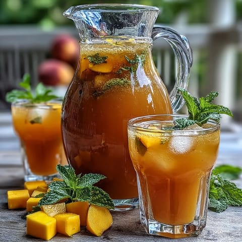 1. Una refrescante jarra de sangría sin alcohol con mango, durazno y cítricos, ideal para picnics familiares y días soleados.  