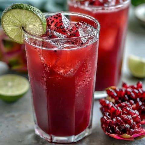 Refrescante bebida casera de mango y pitahaya con toque cítrico, perfecta para días calurosos.