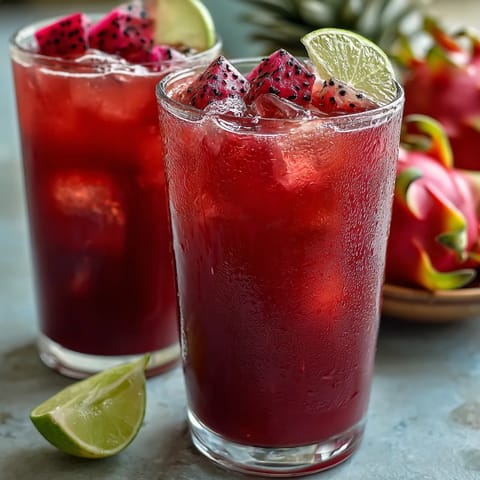 Vibrante mezcla tropical de mango y pitahaya con jugo de uva blanca, ideal para disfrutar en casa.