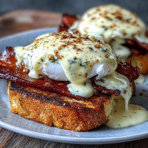 Plato clásico de brunch con huevos escalfados, tocino canadiense y salsa holandesa cremosa sobre muffins ingleses tostados.