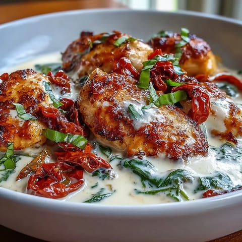 Pollo cremoso estilo Toscana con tomates secos al sol en salsa de parmesano y espinacas.