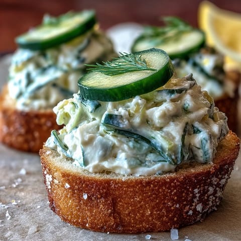 Ensalada Benedictine de pepino en canapés, con ralladura fresca y un toque veraniego.