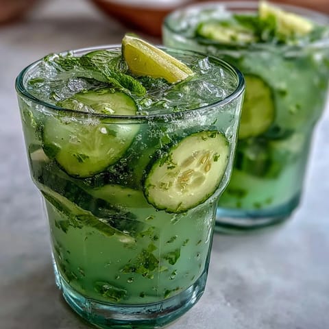 Agua fresca de pepino y menta verde, refrescante con rodajas de pepino y lima.
