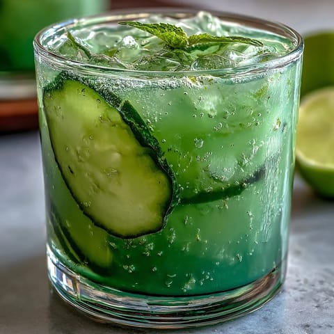 Refrescante agua fresca de pepino y menta verde, perfecta con hielo y adornos.