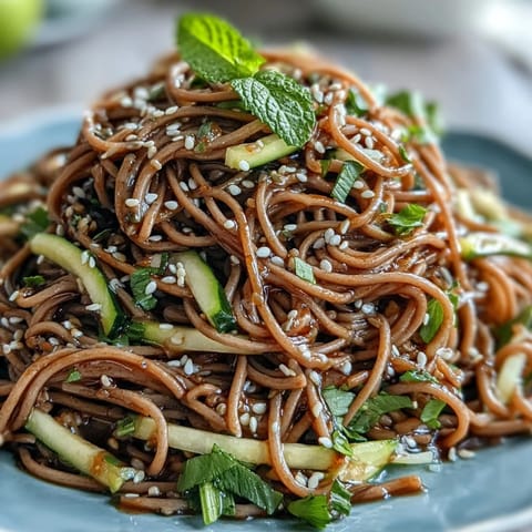Ensalada fría de soba con aderezo de jengibre y sésamo refrescante para verano.
