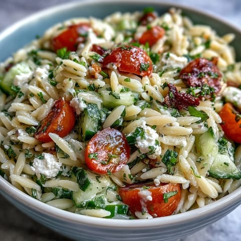 Orzo salad: orzo tierno, pepino crujiente, feta cremosa y aderezo cítrico.