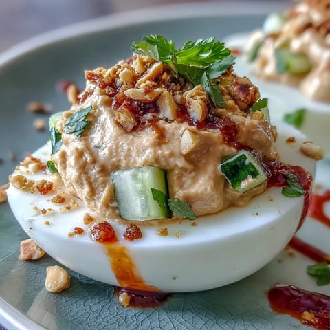 Thai Peanut Deviled Eggs with cucumber relish, topped with crushed peanuts.
