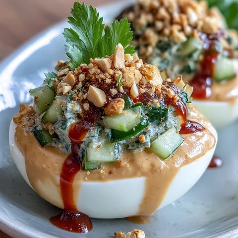 Creamy Thai Peanut Deviled Eggs with fresh, crunchy cucumber relish topping.