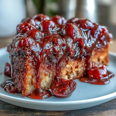 Un pastel invertido de cereza y almendra con cobertura dorada y jugosa.