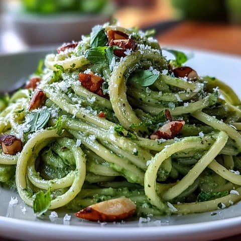 Pasta cremosa de aguacate y pesto, cubierta con queso parmesano fresco.