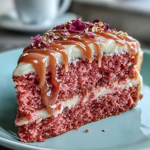 Pastel de terciopelo rosado infusionado con vino rosado, cubierto con suave frosting de queso crema y elegante gota de oro comestible.  