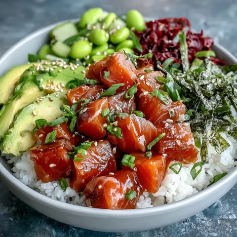 Foto de un vibrante bol de salmón poke con edamame cremoso y aguacate.