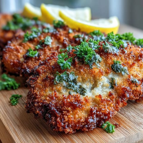 Crujiente horneado de schnitzel, dorado y tierno, servido con gajos de limón.