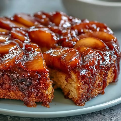 Brown Sugar Peach Upside-Down Cake con melocotones dorados y glaseados.
