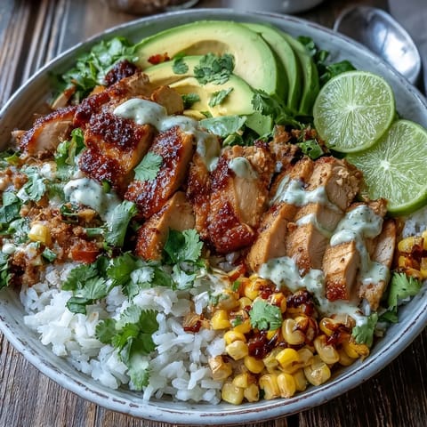 Tiernos cubos de pollo especiado coronan vibrantes Street Corn Chicken Rice Bowls.