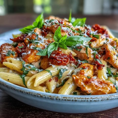 Pasta cremosa de tomate y albahaca con pollo, una cena reconfortante.