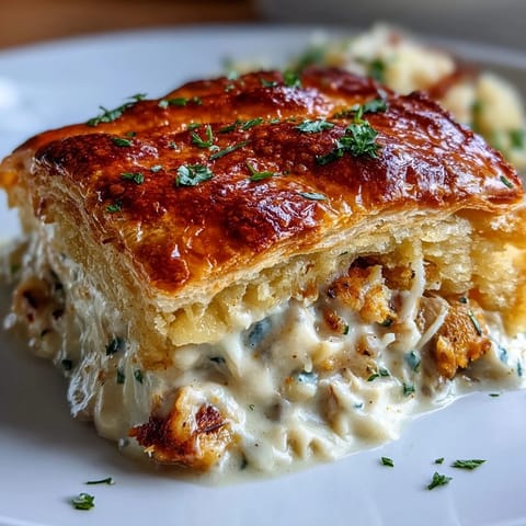 Delicioso pastel de sopa de almejas, horneado dorado con costra hojaldrada.