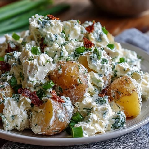Ensalada de Papa Ranch con Queso Cottage cremosa, adornada con hierbas frescas, ideal para picnics.
