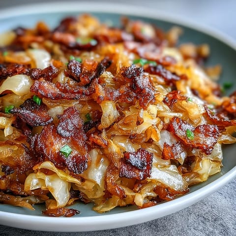Col crujiente con tocino ahumado, cebolla dorada, un plato sureño sustancioso.