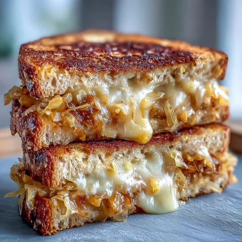 Queso a la parrilla con col fermentada, dorado y burbujeante, con queso derretido tentador.