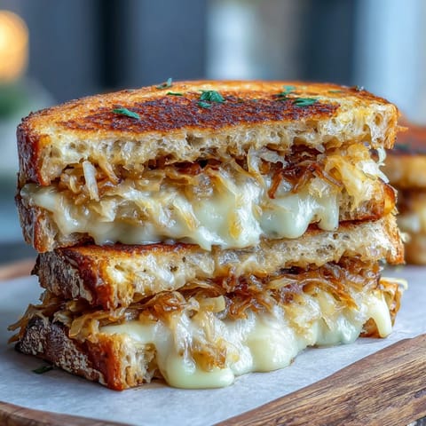 Tentador queso a la parrilla con col fermentada, crujiente, sabroso y reconfortante.