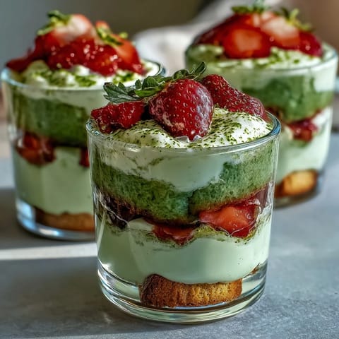 Tazas de tiramisú de matcha y fresa vibrantes con crema sedosa.