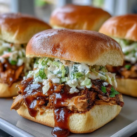 Tierno pollo desmenuzado con salsa barbacoa de melocotón y miel, servido en panecillos suaves.