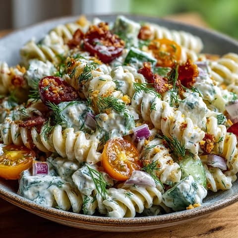 Deliciosa ensalada de pasta ranch con pepinillos crujientes perfecta para tu próxima barbacoa.